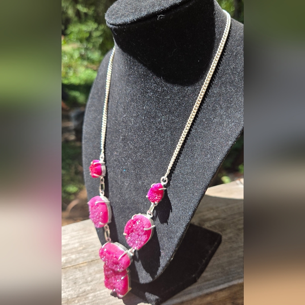 Fuschia Pink Sterling Druzy Crystal Necklace 20" - Picture 5 of 6